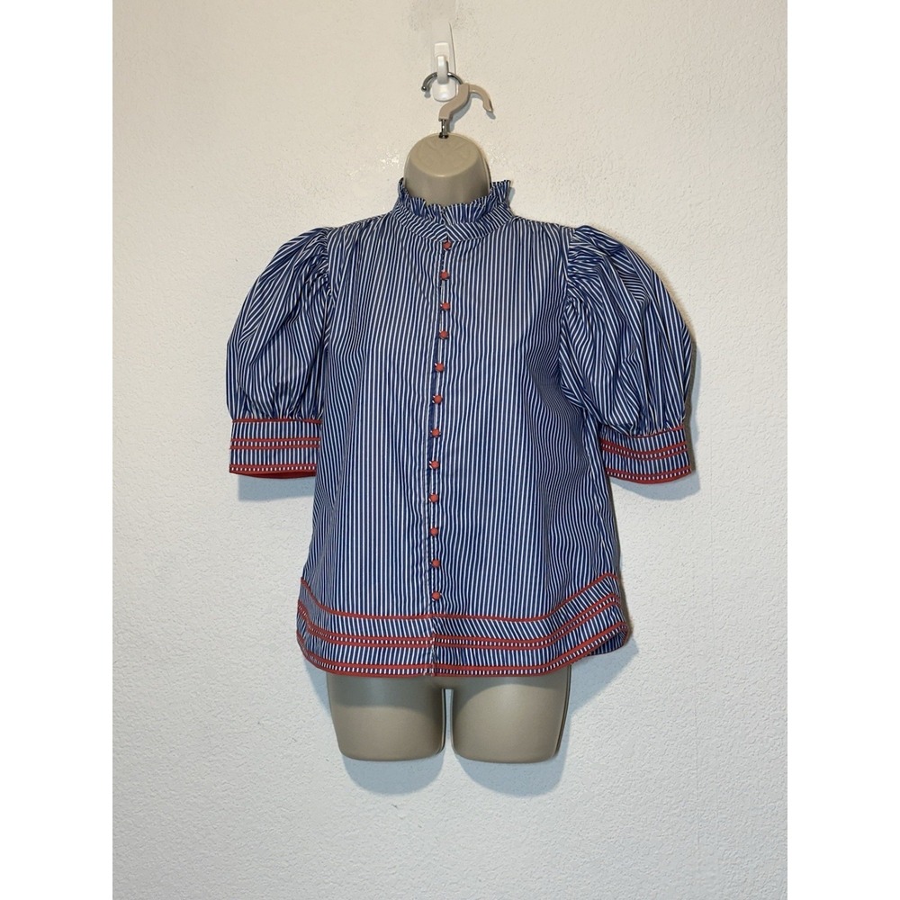 Seen Worn Kept Nautical Puff Sleeve Button Down Top Ruffle High Neck Small Prepp